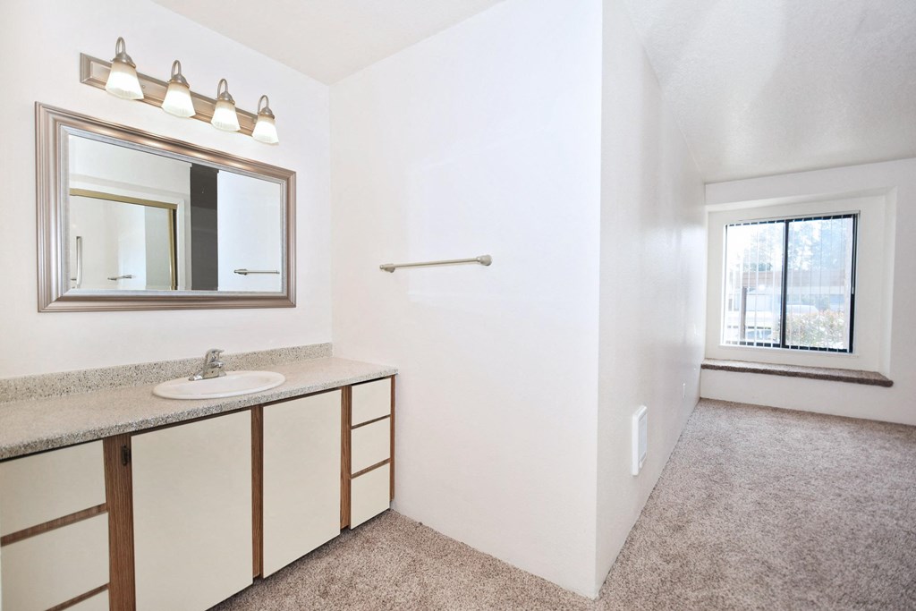 a bathroom with a sink and a mirror and a window