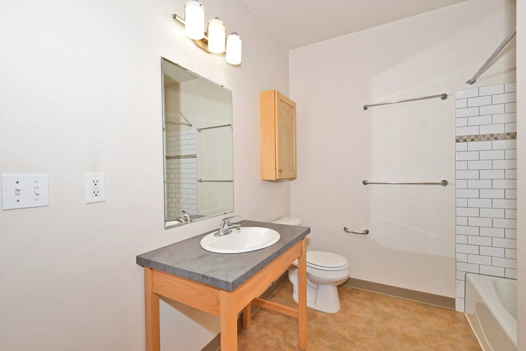 a bathroom with a sink and a shower and a toilet