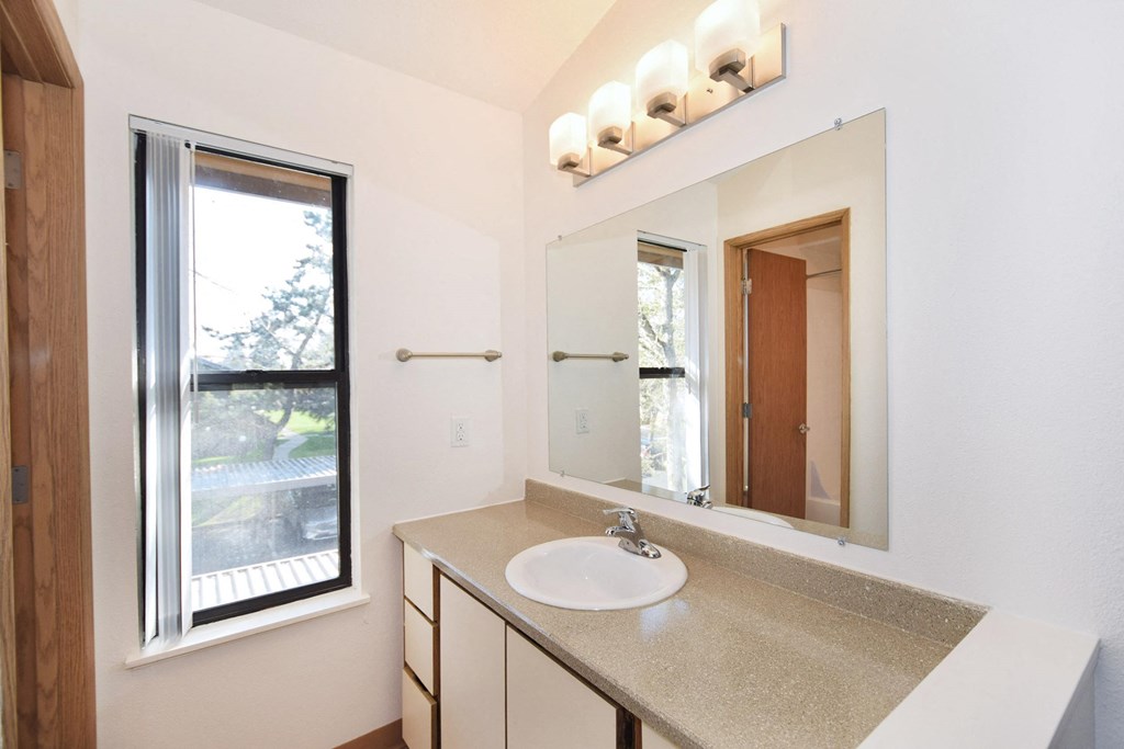 a bathroom with a sink and a mirror and a window