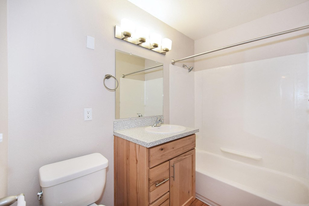 a bathroom with a toilet sink and shower and a mirror