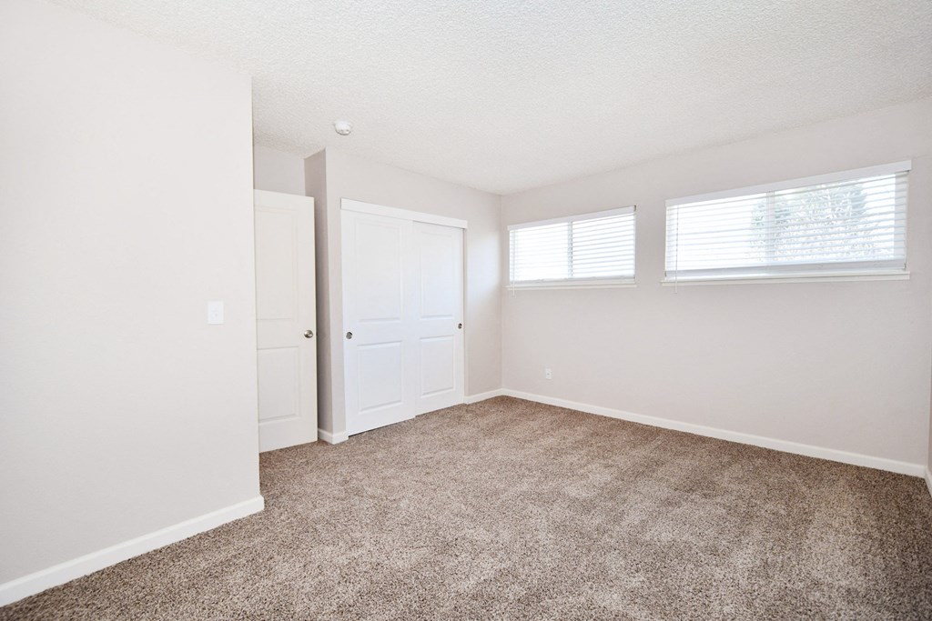 an empty room with carpet and a door to a closet