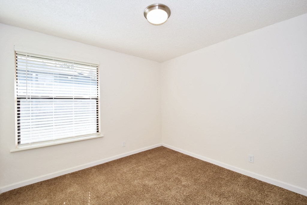 an empty room with carpet and a window