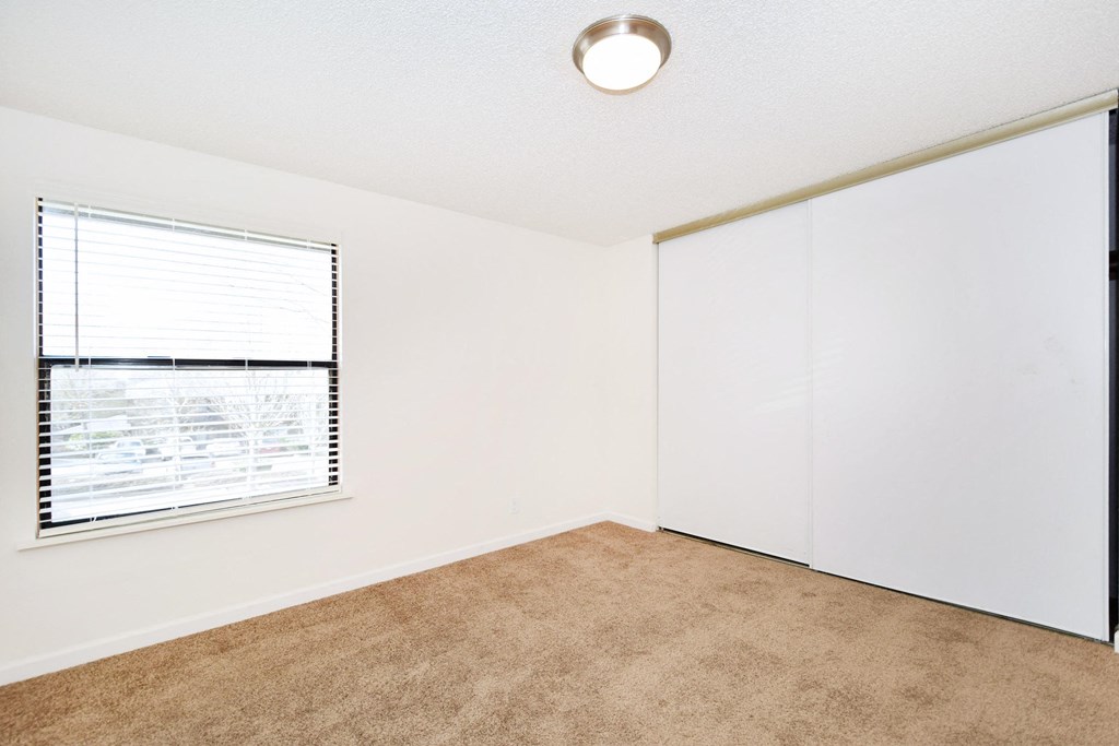 an empty bedroom with a window and carpeting
