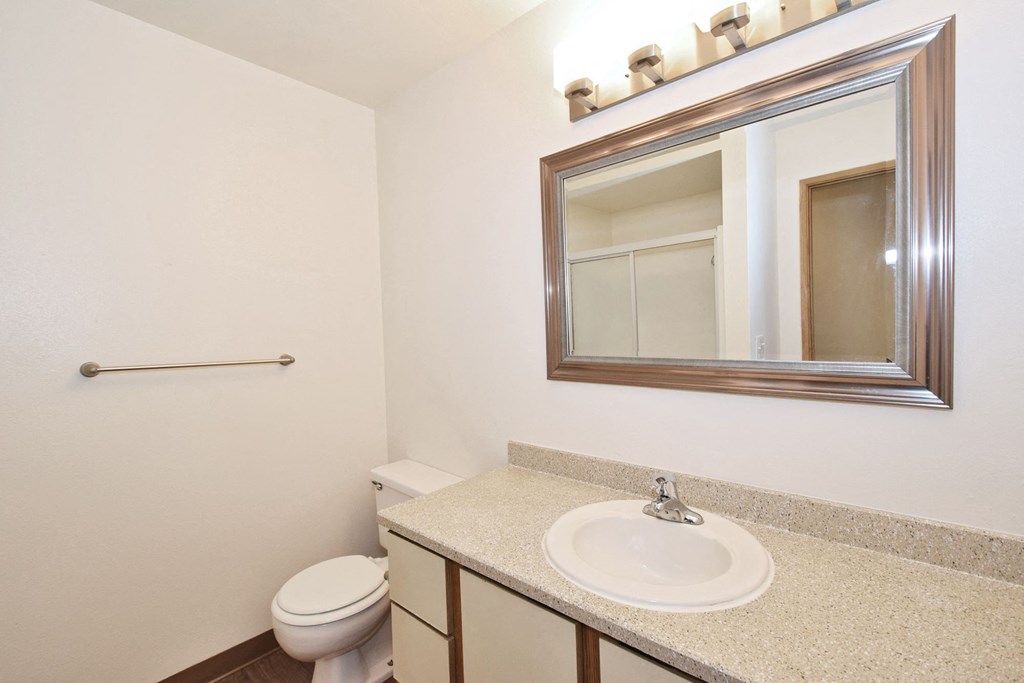 a bathroom with a sink toilet and mirror