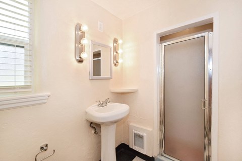 a bathroom with a sink and a mirror