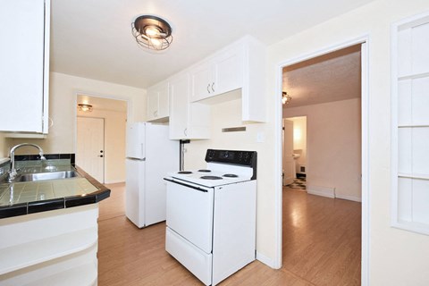 a white kitchen with a stove and a sink