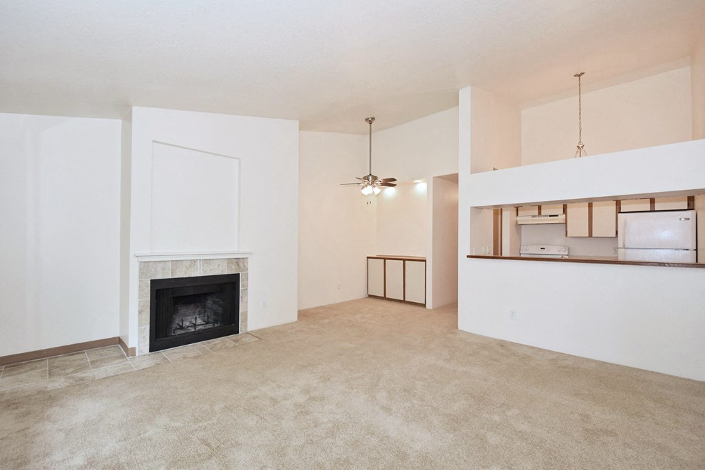 a living room with white walls and a fireplace
