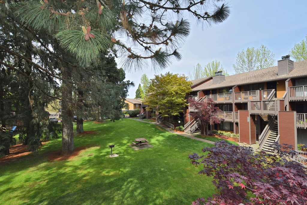 a grassy area with trees and a building in the background