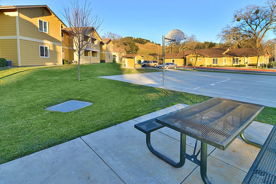 a basketball court and picnic table in a park