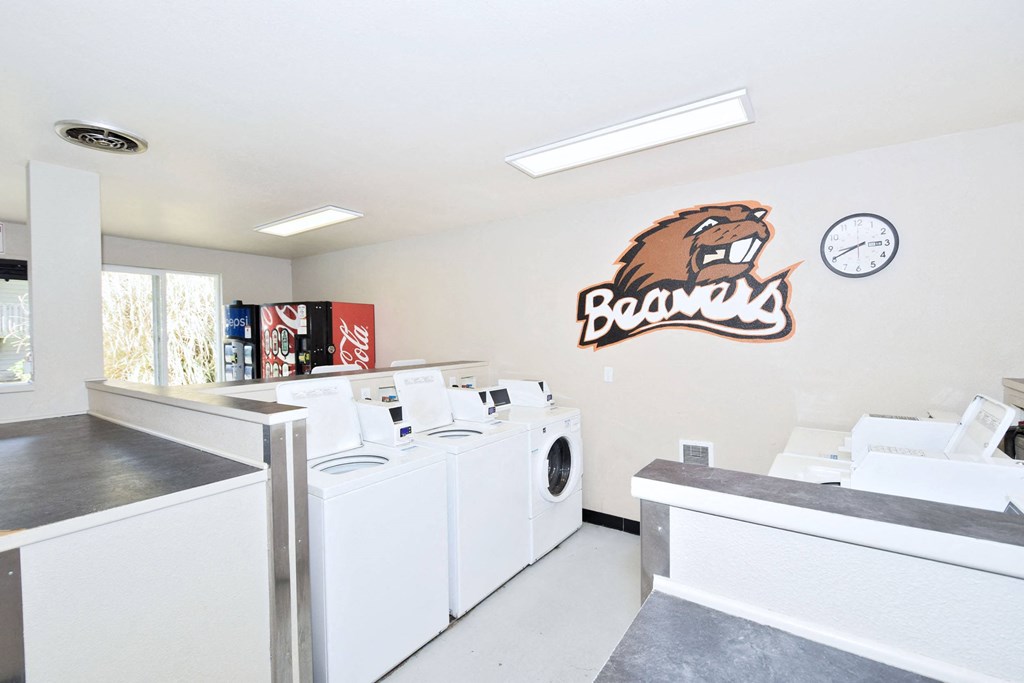 a laundry room with a bears logo on the wall