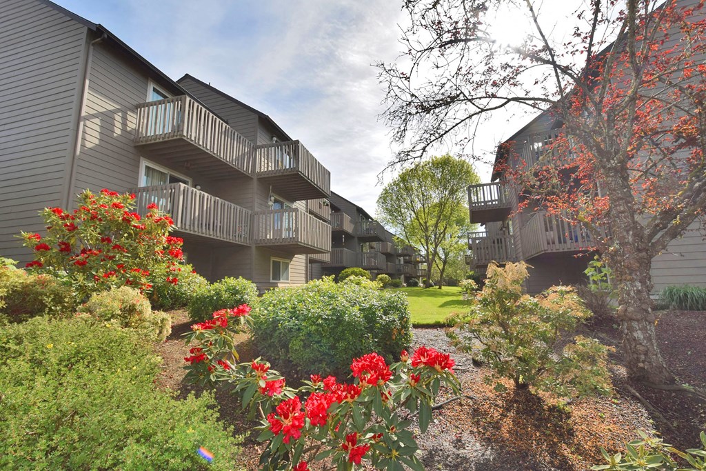 a landscaped yard with red flowers in front of apartment buildings