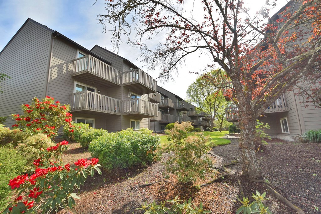 front view of an apartment building with landscaping and trees