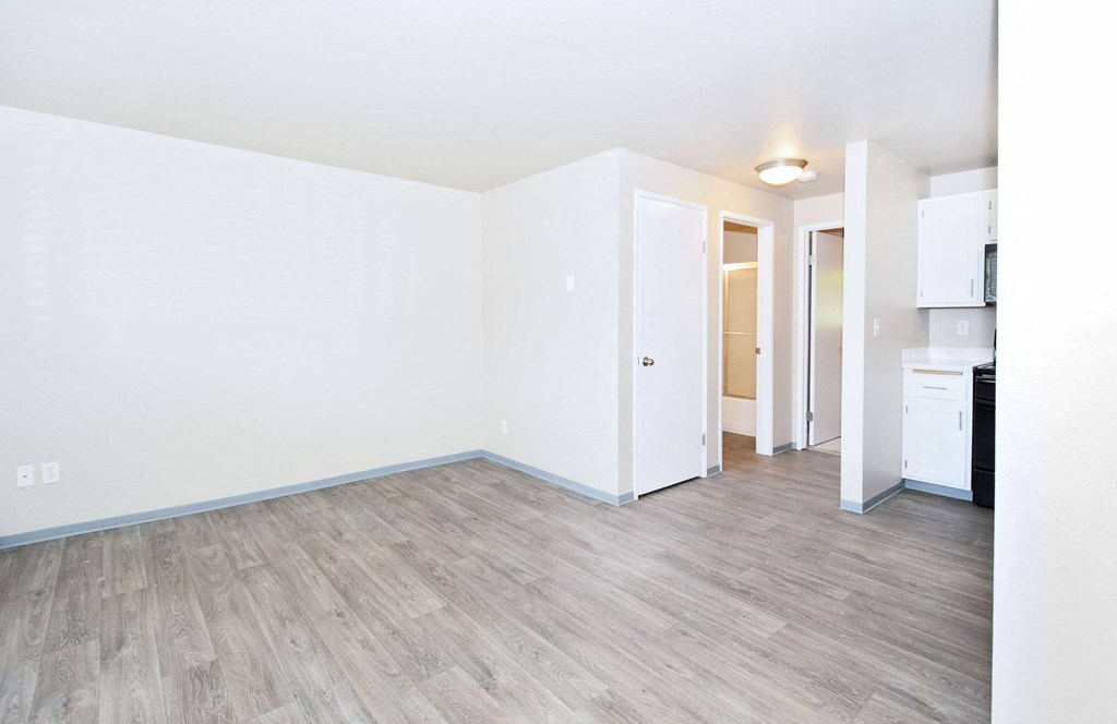 an empty living room with white walls and wood floors