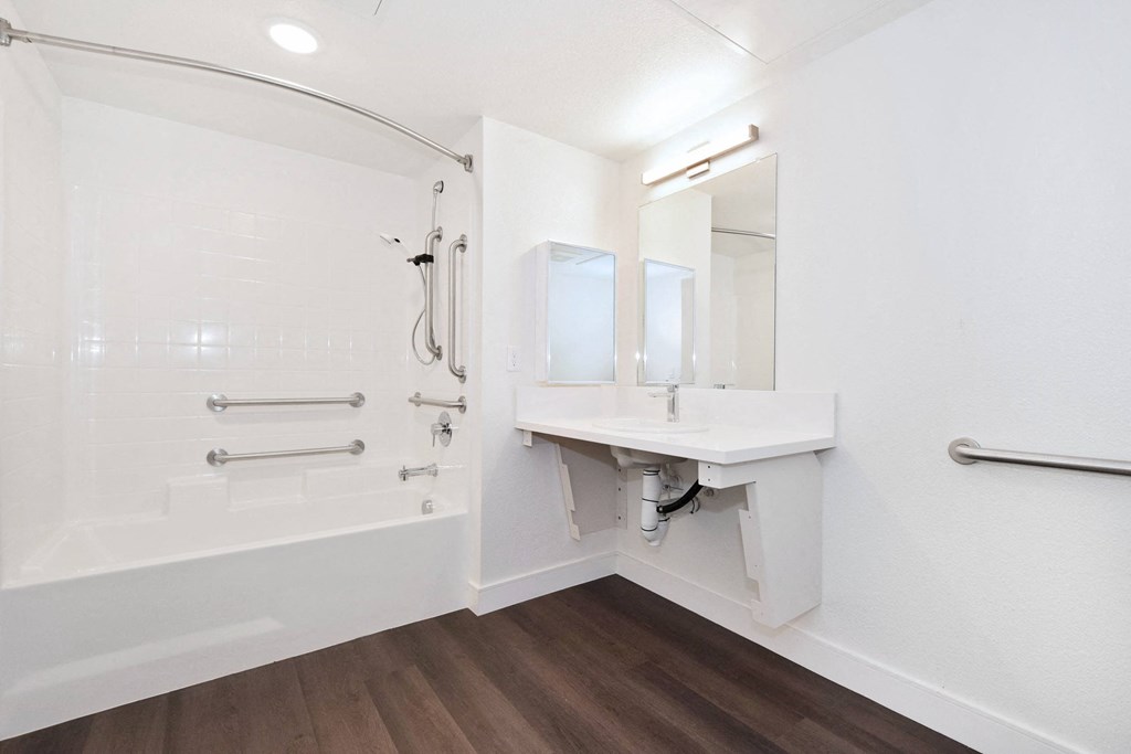 a bathroom with a tub and a sink and a mirror