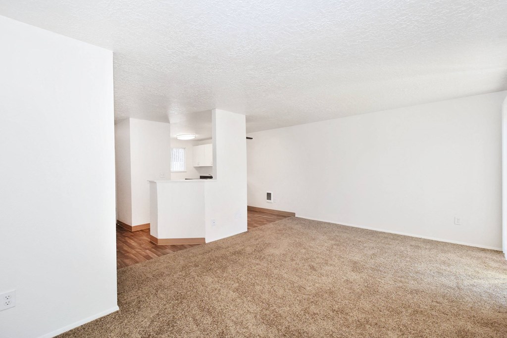 an empty living room with carpet and white walls