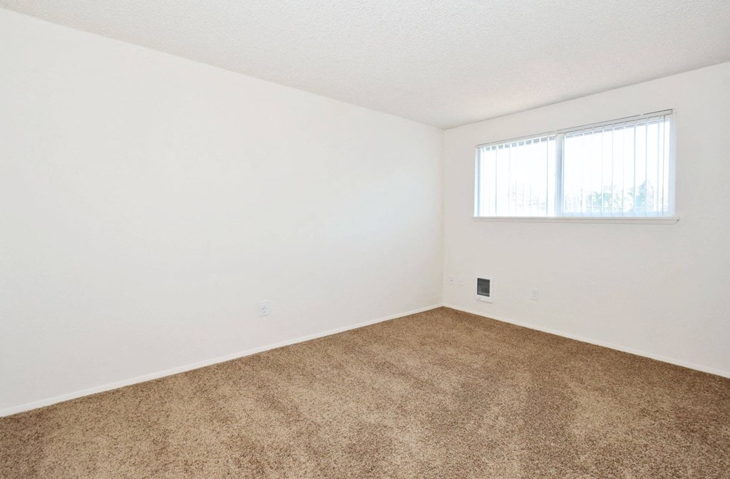 an empty room with carpet and a window