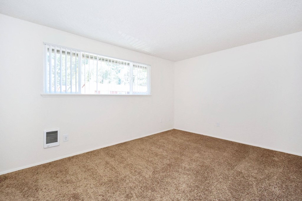 an empty living room with carpet and a window
