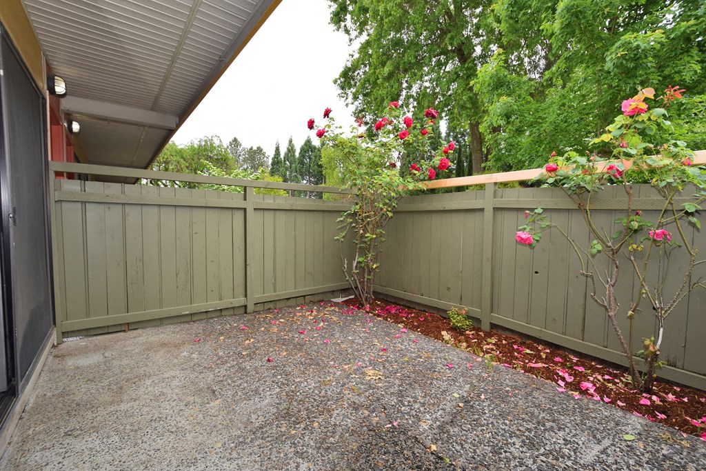 a backyard with a fence and flowers on the side of it