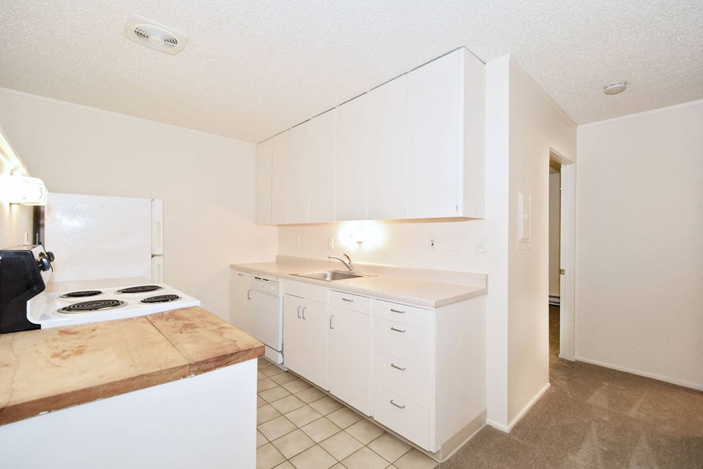 a kitchen with white cabinets and a stove and a sink