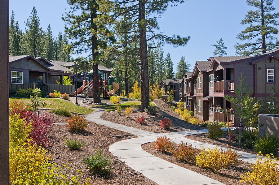a neighborhood of homes with trees and pathways
