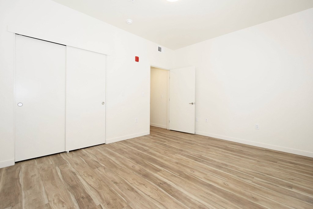 A room with white walls and wooden flooring with three doors.