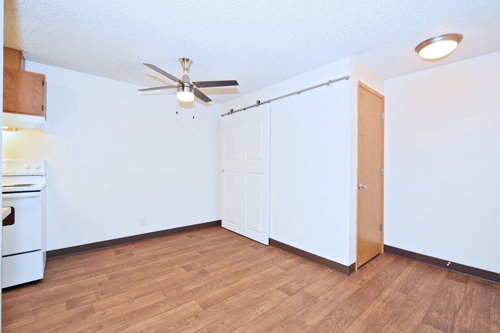 a bedroom with a ceiling fan and a closet