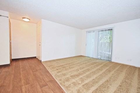 the spacious living room with wood flooring and a large window