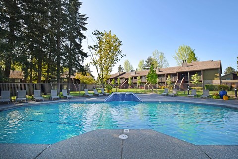 A large swimming pool surrounded by trees and lounge chairs.