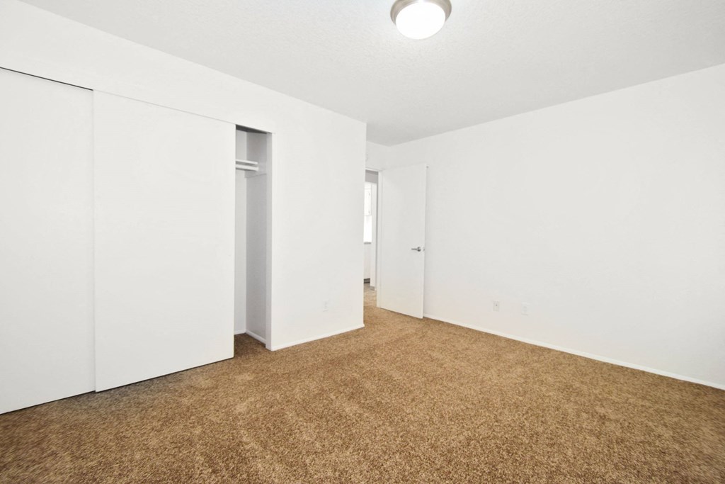 an empty living room with white walls and a brown carpet
