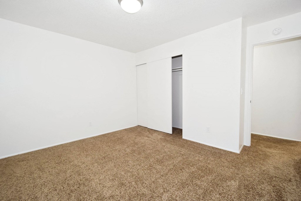 an empty living room with white walls and carpet and a closet