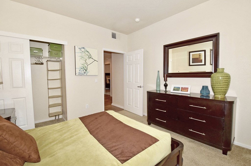 a bedroom with a bed and a dresser and a closet