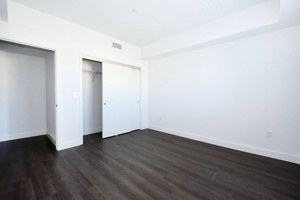 an empty room with white walls and wood floors and a closet