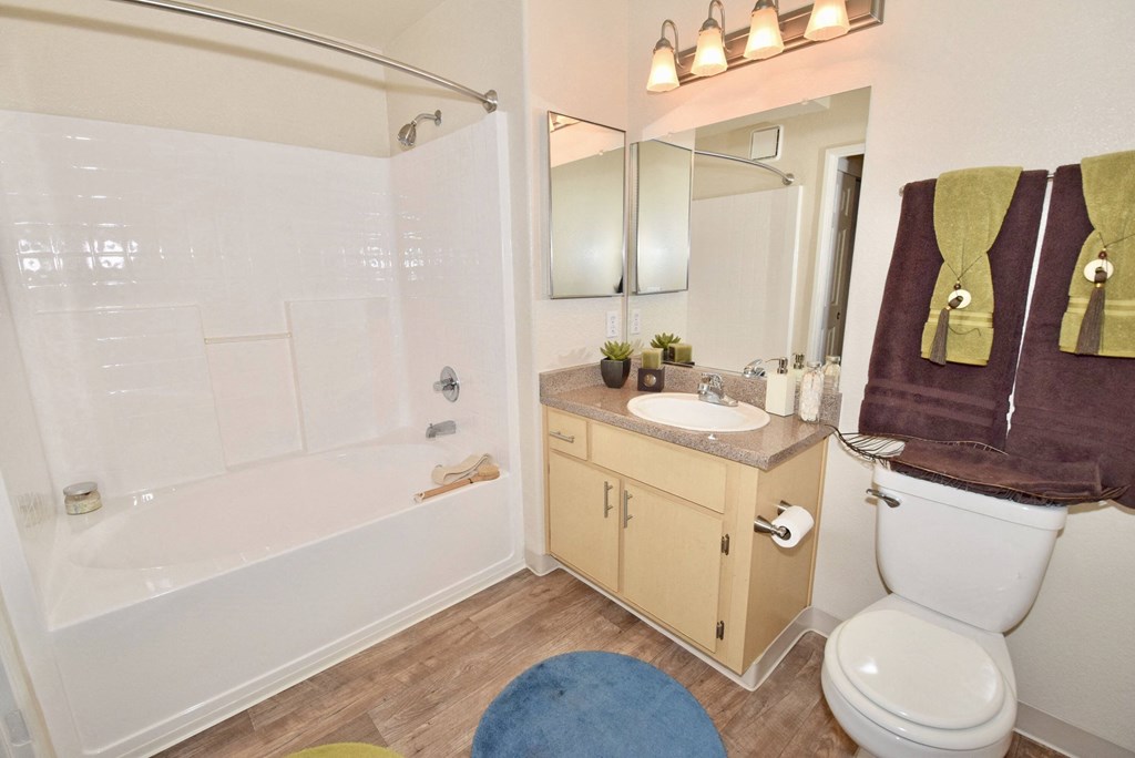 a bathroom with a tub and a sink and a toilet