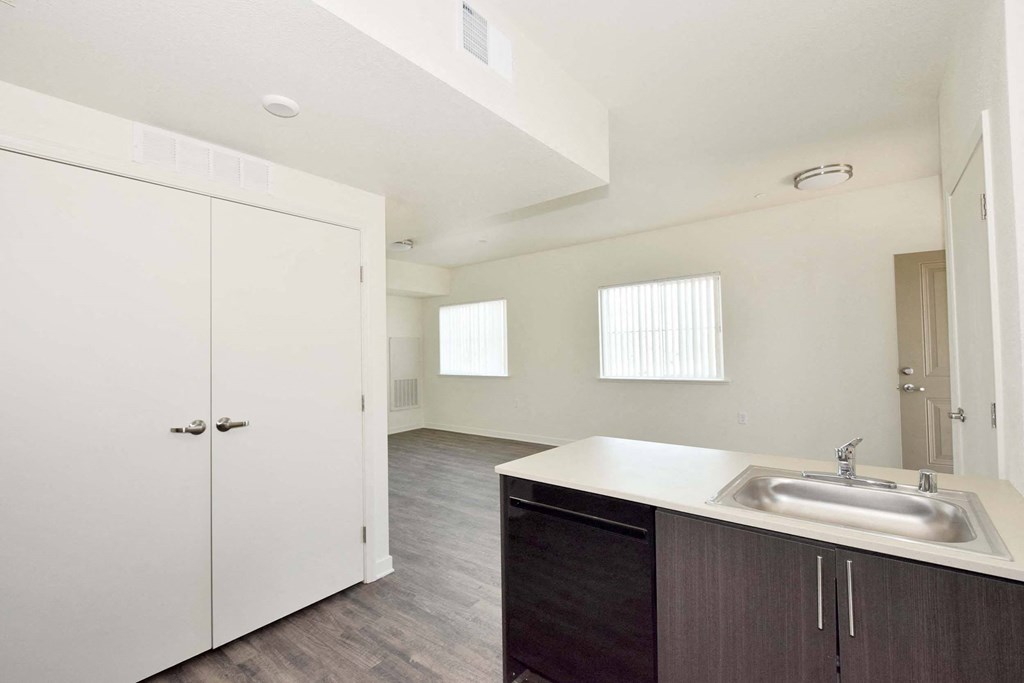 a kitchen and living room in a 555 waverly unit