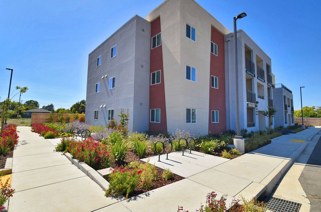 an exterior view of a building with a sidewalk and plants