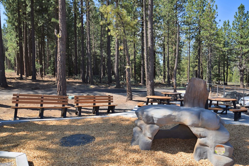 a sculpture of an elephant and benches in a park