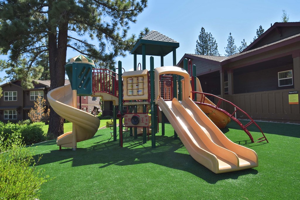a playground with a playset and slides in a yard