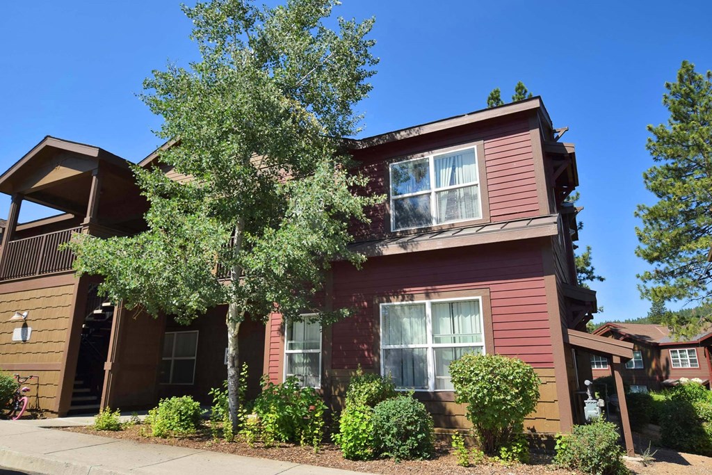 a red house with a tree in front of it