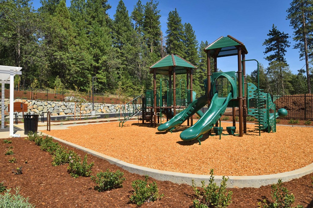 a playground with two slides and a jungle gym