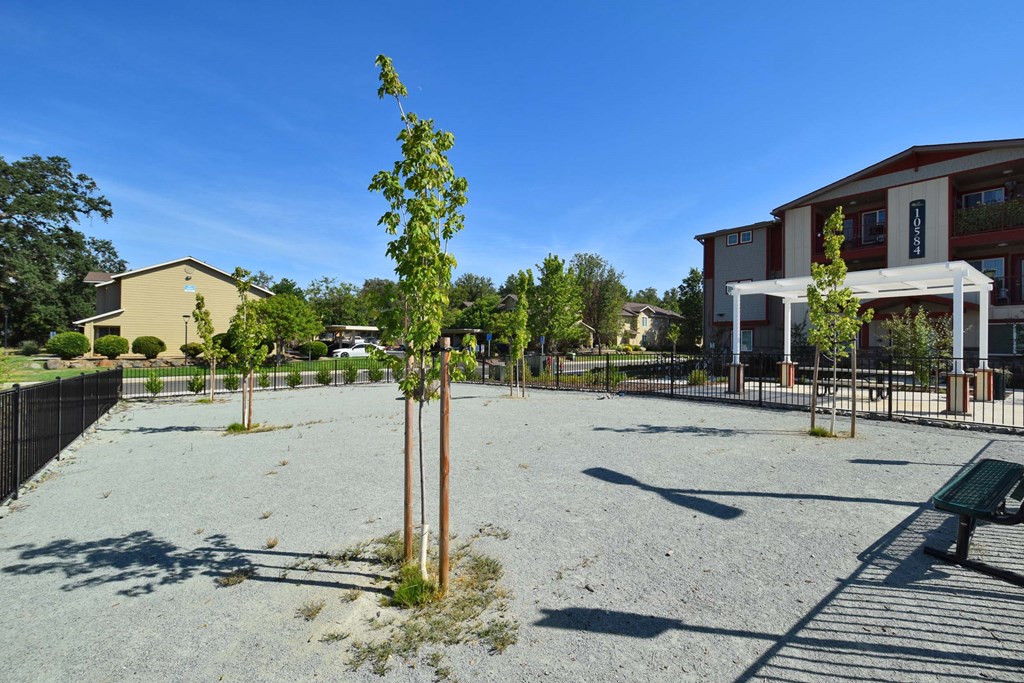 a park with trees and a bench in front of a building