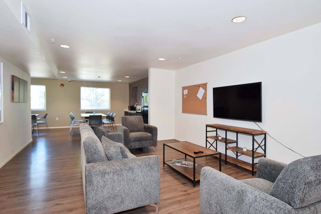 a living room with couches and chairs and a tv on the wall