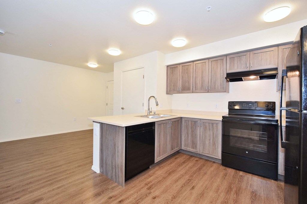 a kitchen with wood flooring and wooden cabinets