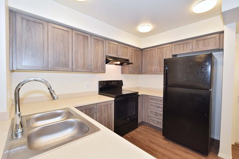 a kitchen with a sink and a black refrigerator