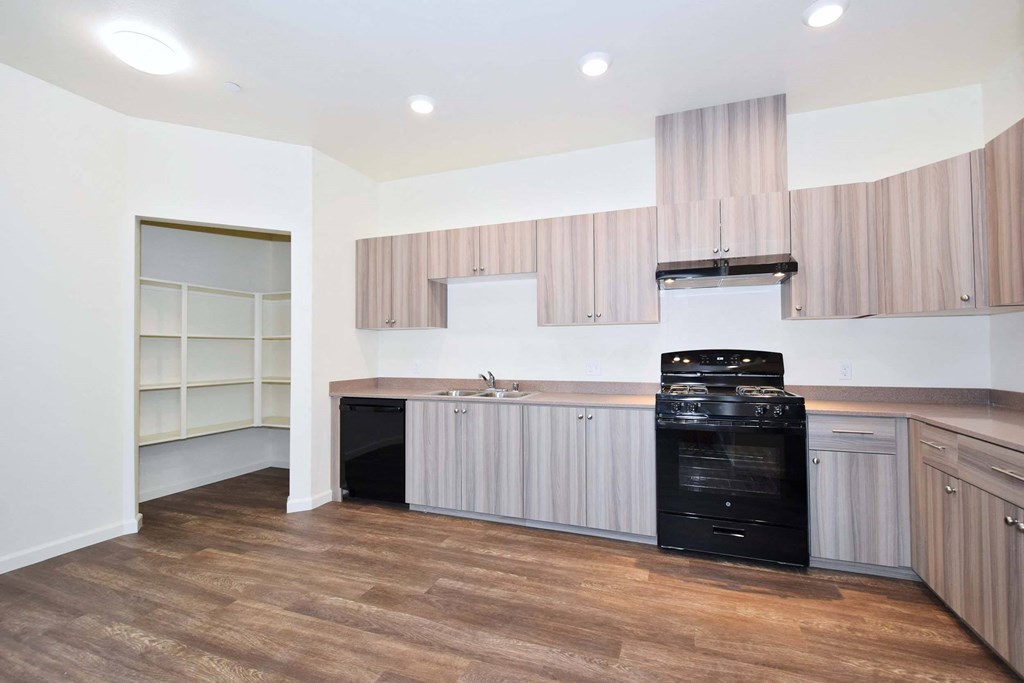 a kitchen with wooden cabinets and a stove and a sink