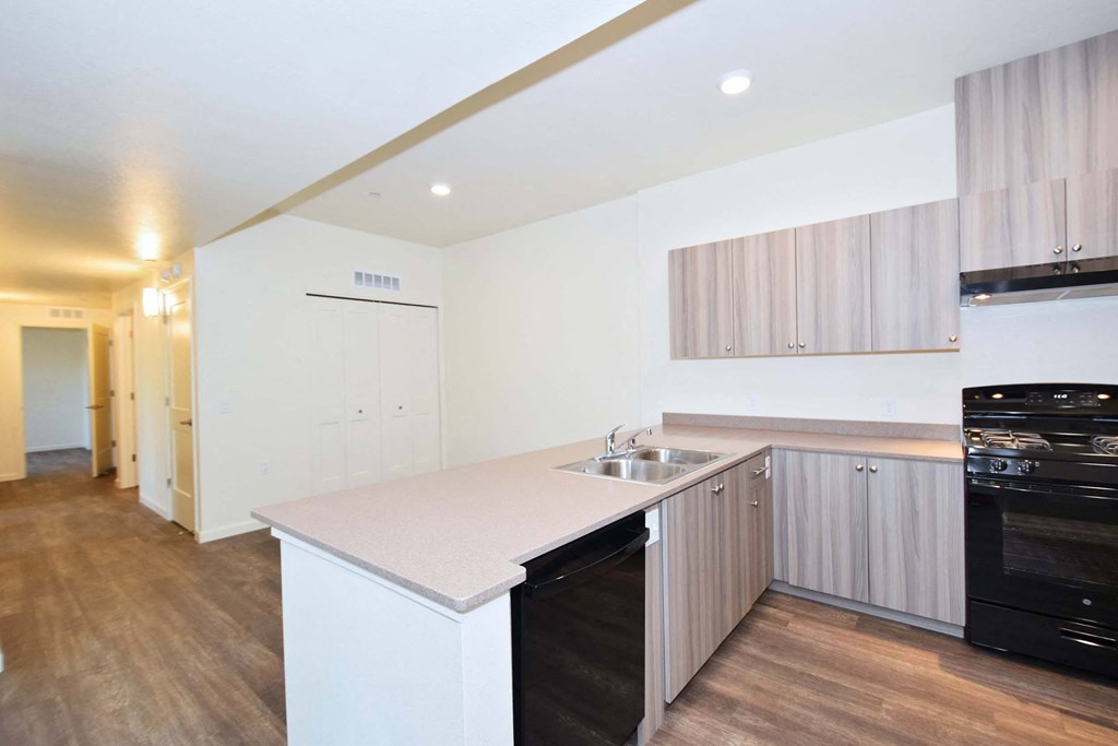 a kitchen with a counter top and a sink