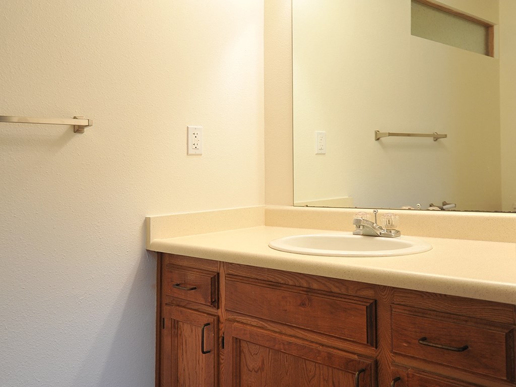 a bathroom with a sink and a mirror