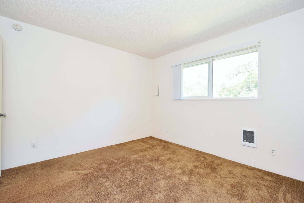 an empty room with a window and a carpet