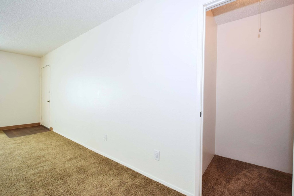 an empty room with white walls and a carpet