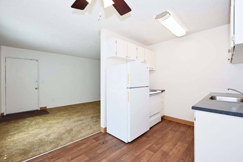 a kitchen with a white refrigerator and a sink