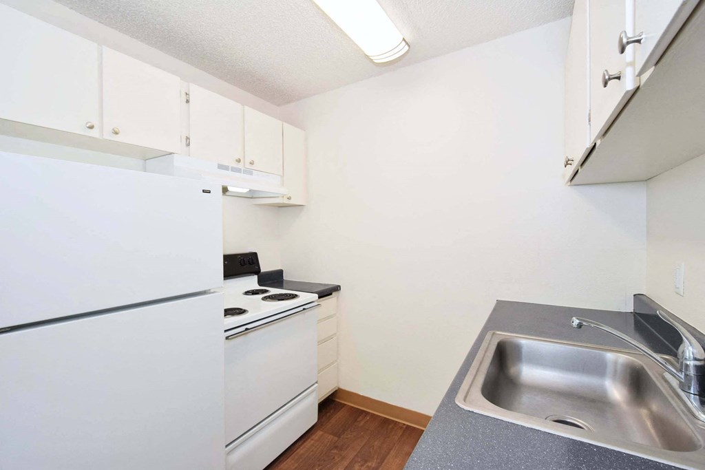 a kitchen with a sink and a stove and a refrigerator